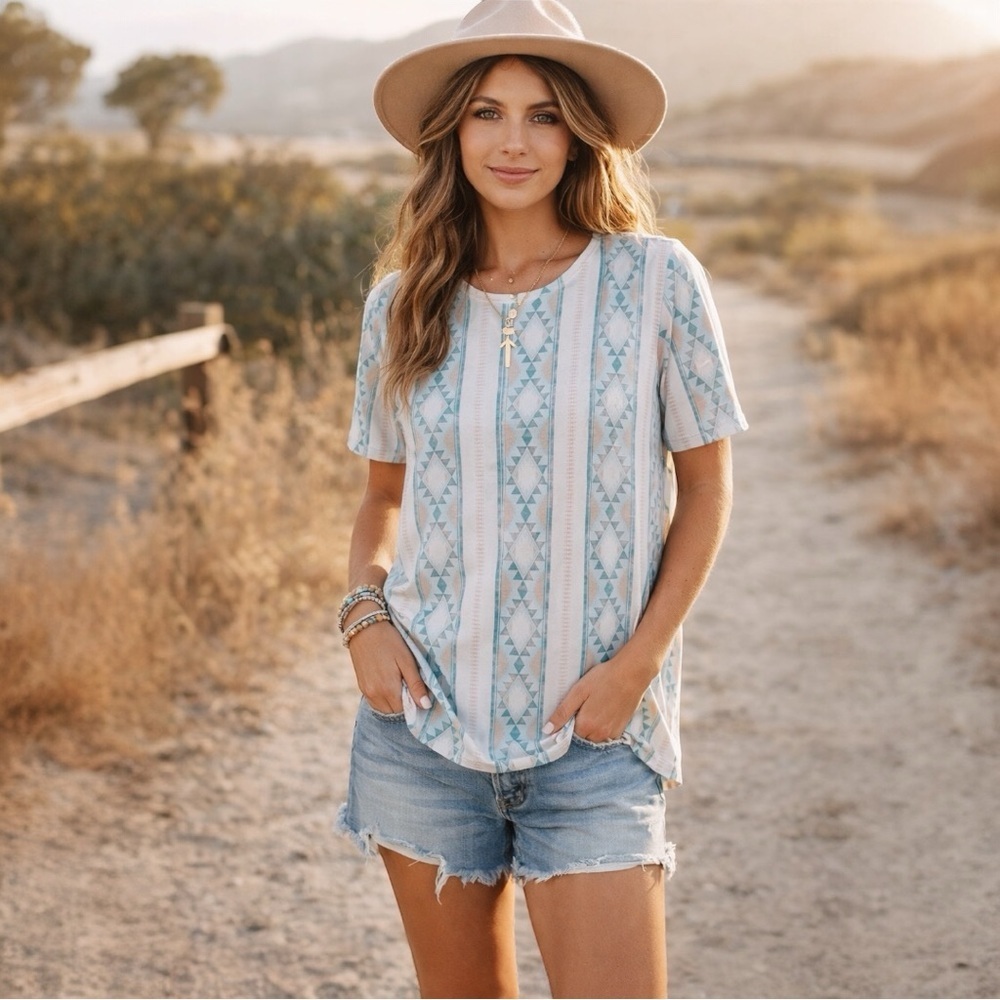 Lucky & Blessed Boho Tribal Print Top Small Teal Blush Aztec Short Sleeve Flowy